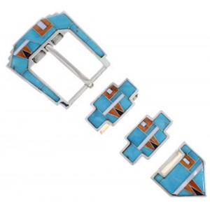 Sterling Silver Turquoise Multi Color Inlay Ranger Belt Buckle RS39300
