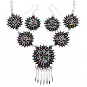 Southwest Multicolor Needlepoint Sterling Silver Link Necklace Set WX78044