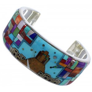 Multicolor Silver Native American Village Design Cuff Bracelet TX40346