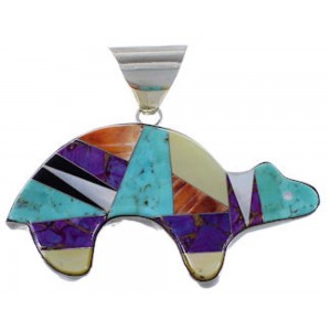 Sterling Silver Turquoise Multicolor Inlay Bear Pendant DS39207
