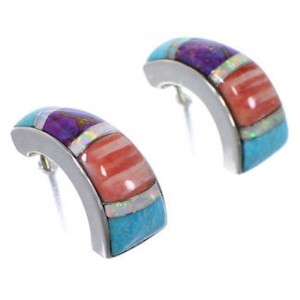 Turquoise Multicolor Inlay Silver Post Hoop Earrings Jewelry RS32314