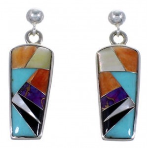 Authentic Silver And Multicolor Inlay Post Dangle Earrings RS42669 