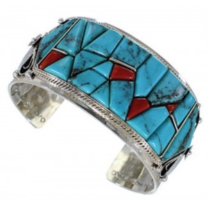 Turquoise And Coral Inlay Sterling Silver Cuff Bracelet GS59883