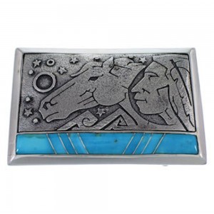 Genuine Sterling Silver Chief Head Horse Turquoise Belt Buckle AW75303