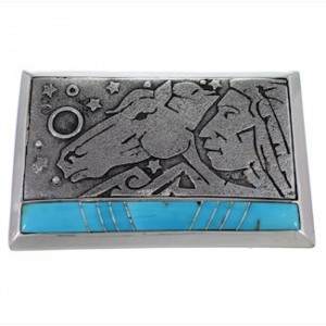 Turquoise Inlay Chief Head And Horse Silver Belt Buckle AW75309