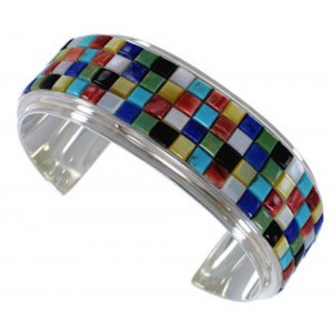 Sterling Silver Multicolor Inlay Cuff Jewelry Bracelet VX37716