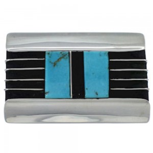 Southwestern Sterling Silver Turquoise Jet Inlay Belt Buckle TX28773