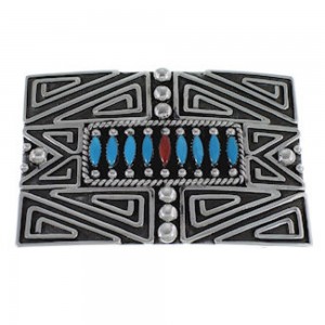 Southwestern Coral And Turquoise Belt Buckle PX29155