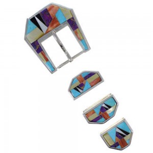 Multicolor Inlay Sterling Silver Ranger Belt Buckle GS57058