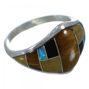 Southwest Multicolor Inlay Sterling Silver Ring Size 7-1/4 AX52494