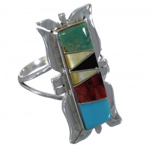 Southwestern Multicolor Inlay Silver Ring Size 6-1/4 EX44309