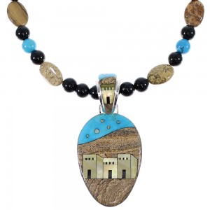 Native American Village Design Multicolor Silver Necklace Set EX47821