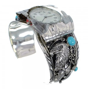Southwest Eagle Turquoise Authentic Sterling Silver Cuff Watch CX48238