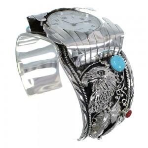 Turquoise And Coral Southwest Eagle Sterling Silver Cuff Watch CX48264