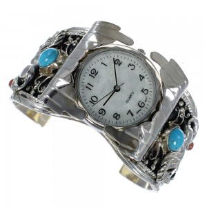 Turquoise And Coral Southwest Sterling Silver Horse Cuff Watch CX48665