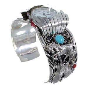 Turquoise And Coral Sterling Silver Southwest Horse Cuff Watch CX48703