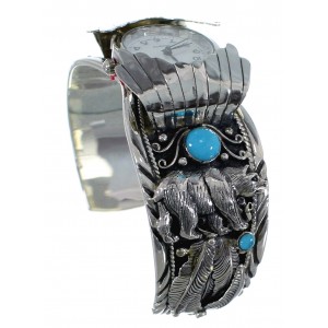 Turquoise Genuine Sterling Silver Southwest Bear Cuff Watch CX48730