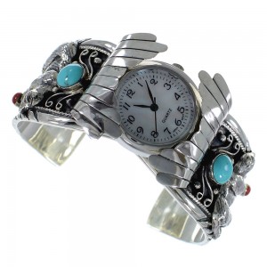 Southwest Turquoise And Coral Bear Sterling Silver Cuff Watch CX48747