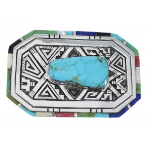 Southwest Sterling Silver Water Wave Multicolor Belt Buckle EX48757