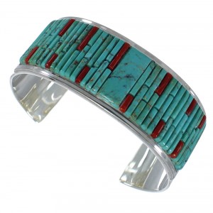 Sterling Silver Turquoise And Coral Southwest Cuff Bracelet CX49439