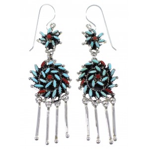 Sterling Silver Turquoise Coral Needlepoint Hook Earrings AX51083