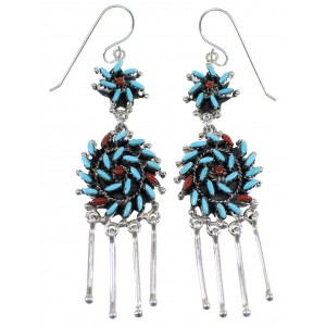 Silver Turquoise And Coral Needlepoint Hook Dangle Earrings AX51086