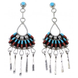 Sterling Silver Turquoise Coral Needlepoint Post Dangle Earrings AX50716