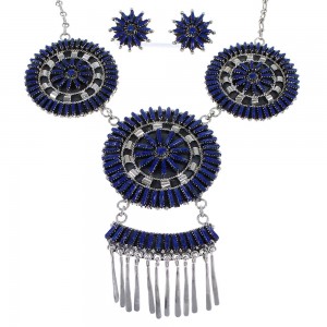 Lapis Needlepoint Sterling Silver Link Necklace Earrings Set CX51339