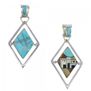 Multicolor Sterling Silver Native American Pueblo Design Reversible Pendant AX53130