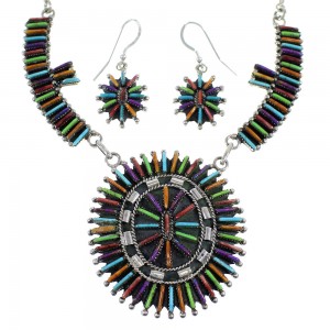 Multicolor Needlepoint Southwest Silver Necklace And Earrings Set EX54161