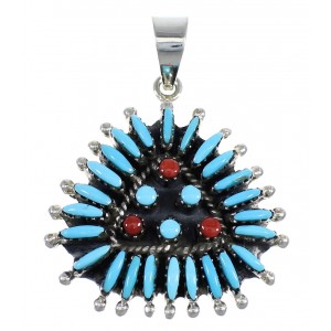 Genuine Sterling Silver Turquoise And Coral Needlepoint Pendant VX54952
