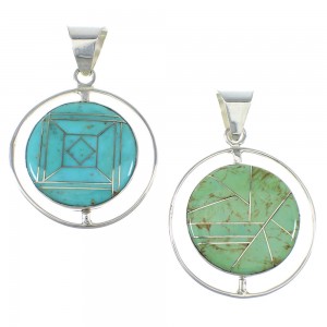 Turquoise Inlay And Sterling Silver Reversible Southwestern Pendant VX55799