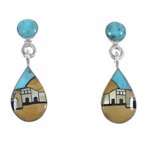 Native American Village Design Multicolor Silver Tear Drop Post Dangle Earrings RX55896