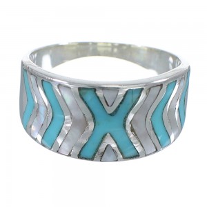 Turquoise And Mother Of Pearl Inlay Genuine Sterling Silver Ring Size 6-1/4 AX83226