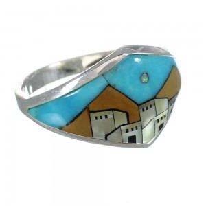 Southwest Native American Village Design Sterling Silver Multicolor Ring Size 5-1/4 YX77900