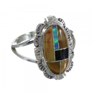 Genuine Sterling Silver Multicolor Inlay Ring Size 7-1/2 VX61996