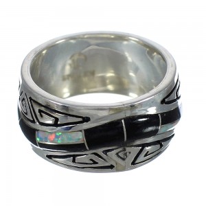 Jet And Opal Inlay Authentic Sterling Silver Water Wave Ring Size 6-1/4 AX82695