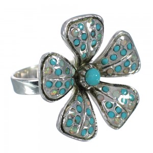 Southwestern Opal And Turquoise Flower Silver Ring Size 7-1/2 WX70707