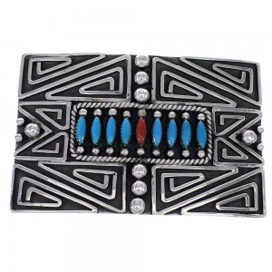 Silver Turquoise And Coral Needlepoint Belt Buckle AX78267