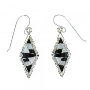 Jet And Mother Of Pearl Southwestern Sterling Silver Hook Dangle Earrings WX63393