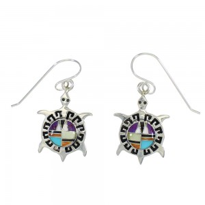 Southwest Multicolor Sterling Silver Water Wave Turtle Hook Dangle Earrings WX78679