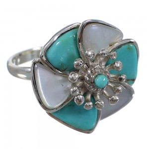 Southwestern Sterling Silver Turquoise Mother Of Pearl Flower Ring Size 5-1/4 QX75738