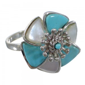 Turquoise Mother Of Pearl Silver Southwest Flower Ring Size 8-1/4 QX75766