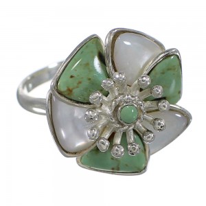 Turquoise Mother Of Pearl Sterling Silver Southwestern Flower Ring Size 7-3/4 QX75775