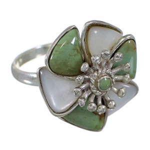 Turquoise Mother Of Pearl Authentic Sterling Silver Southwestern Flower Ring Size 7-3/4 QX75778