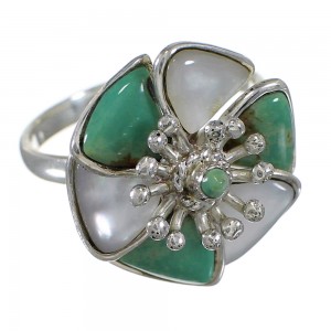 Turquoise Mother Of Pearl Southwest Silver Flower Ring Size 7-3/4 QX75785
