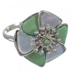 Turquoise Mother Of Pearl Flower Authentic Sterling Silver Southwest Ring Size 8-3/4 QX75819