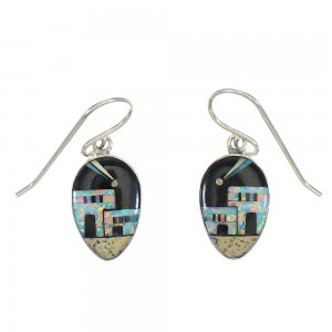 Sterling Silver Multicolor Native American Village Design Hook Dangle Earrings WX78923