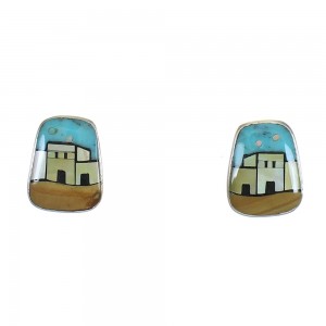 Native American Village Design Silver Multicolor Post Earrings WX79095