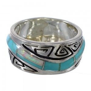 Silver Turquoise Opal Southwestern Water Wave Ring Size 4-3/4 QX82326